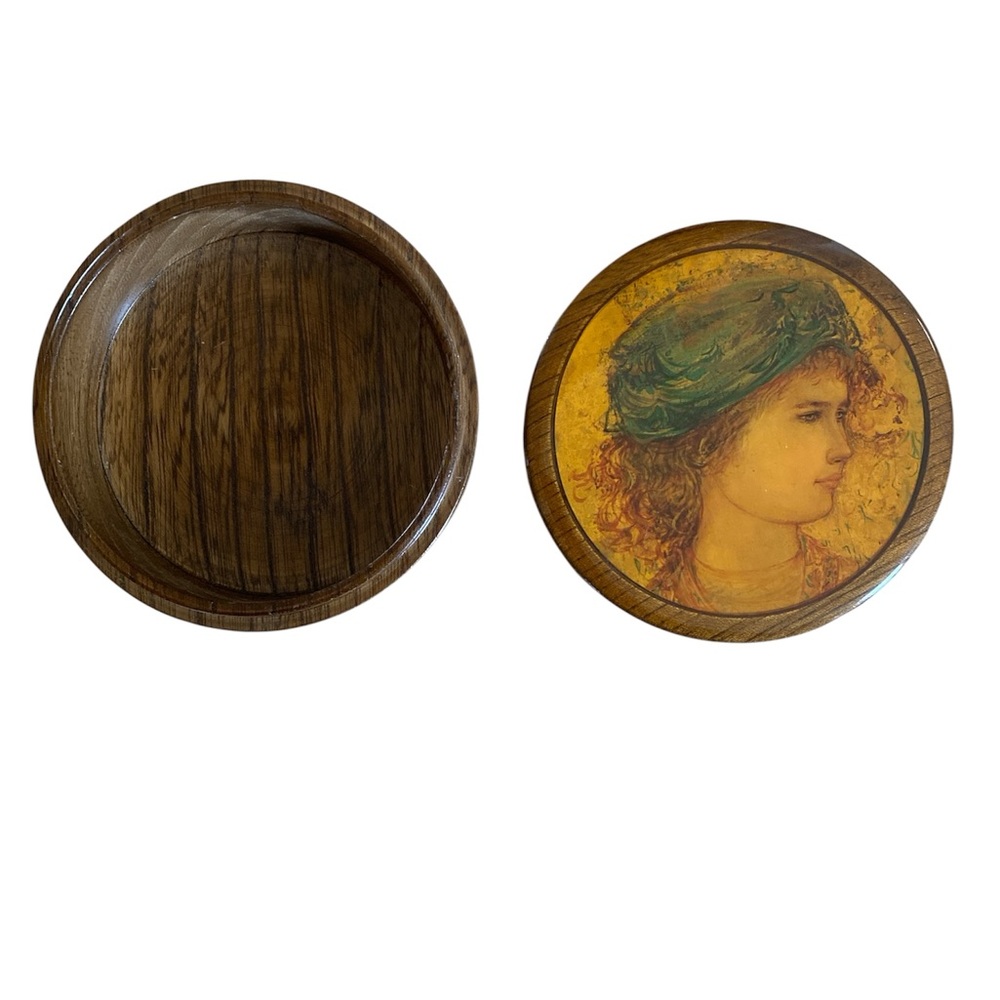 Vintage Patty By Edna Hibel Wood Round Box Trinket/Vanity/Jewelry Signed wood - Picture 2 of 14